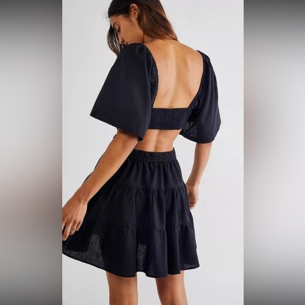 NWT Free People Cross‎ Of Sunlight Mini Dress Cutout Waist  Black linen blnd - Picture 4 of 14